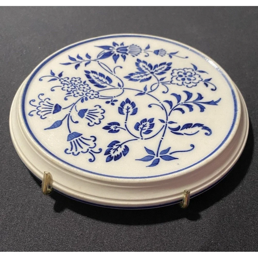 Antique 1889-German Blue Onion Tea Tile Trivet G.M.T. & BRO. Metal display frame